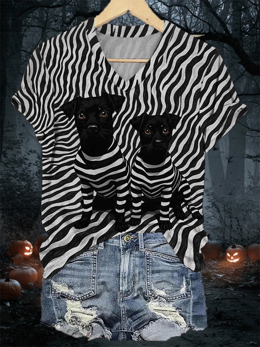 Women's Black Dog Stripes Print Casual V-Neck Tee