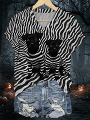 Women's Black Dog Stripes Print Casual V-Neck Tee
