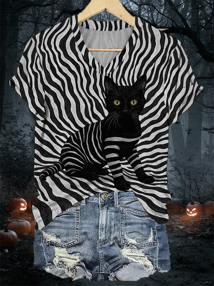 Women's Black Cat Stripes Print Casual V-Neck Tee
