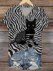 Women's Black Cat Stripes Print Casual V-Neck Tee