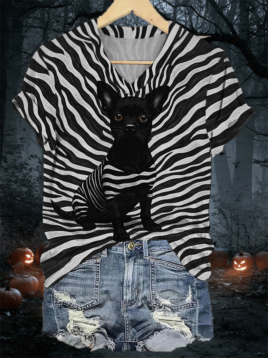 Women's Black Dog Stripes Print Casual V-Neck Tee