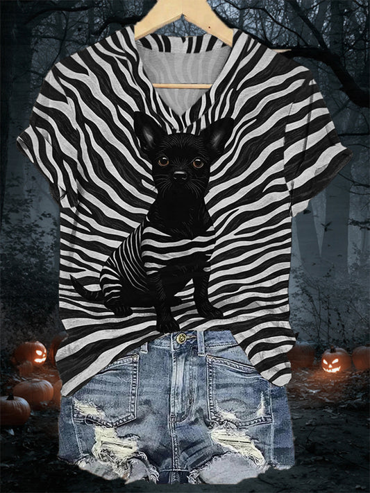 Women's Black Dog Stripes Print Casual V-Neck Tee