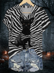 Women's Black Dog Stripes Print Casual V-Neck Tee