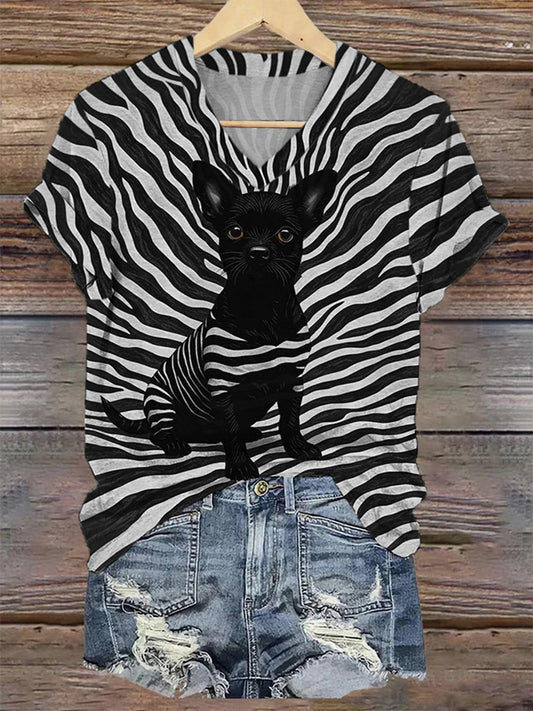 Women's Black Dog Stripes Print Casual V-Neck Tee