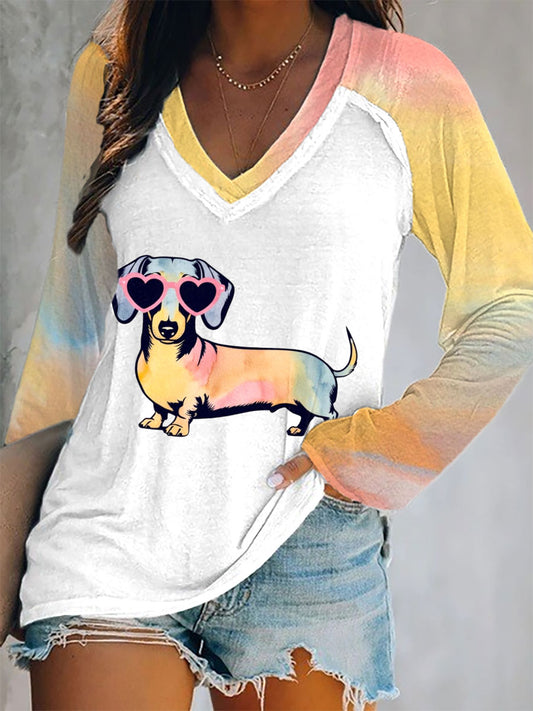 Women's dachshund print V-neck tops