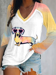 Women's dachshund print V-neck tops