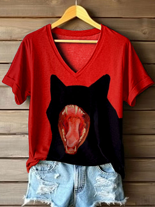 Women's Halloween Inspired Cat Print Vintage T-Shirt