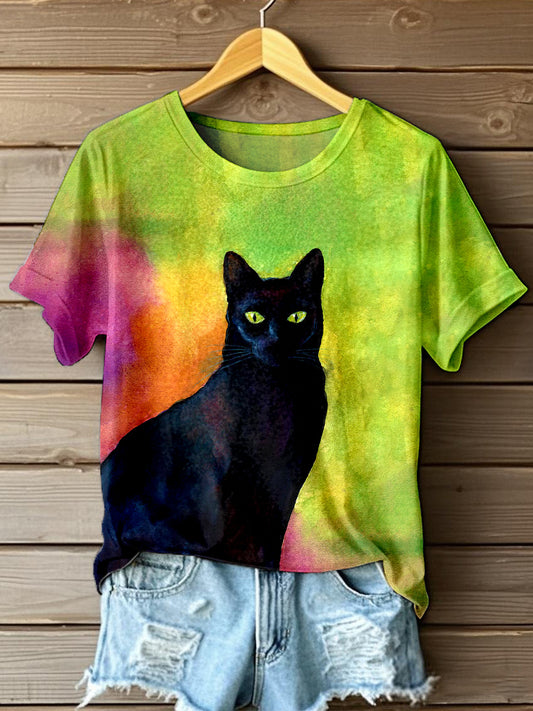Women's Black Cat Print Contrast Color T-Shirt