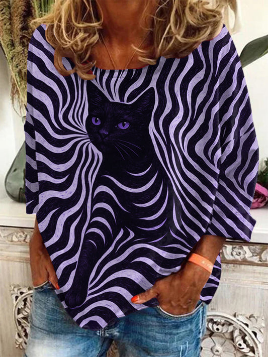 Women's Black Cat Stripes Print Casual Long-Sleeve Top
