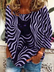 Women's Black Cat Stripes Print Casual Long-Sleeve Top