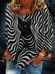 Women's Black Cat Stripes Print Casual Long-Sleeve Top