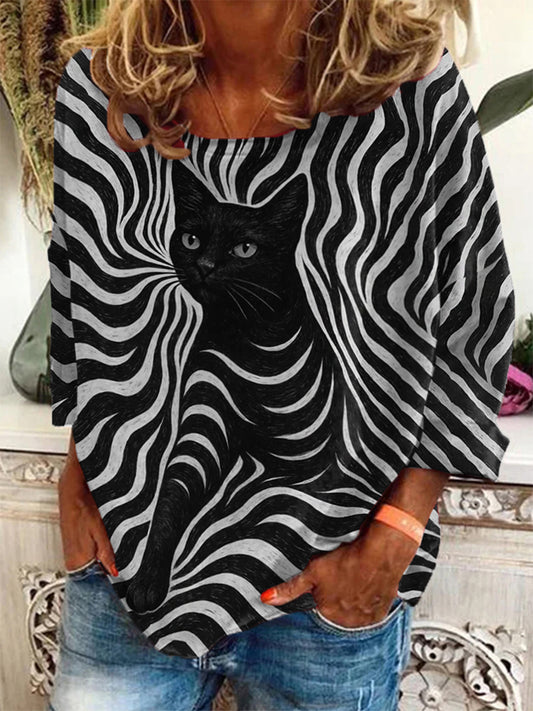 Women's Black Cat Stripes Print Casual Long-Sleeve Top