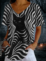 Women's Black Cat Stripes Print Casual V-Neck Tee