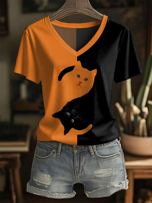 Women's Black Cat Print Casual V-Neck Tee