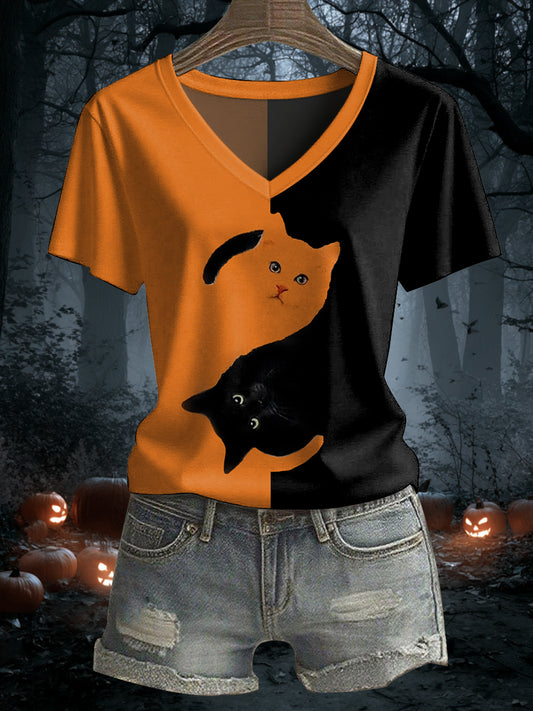 Women's Black Cat Print Casual V-Neck Tee