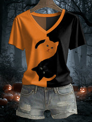 Women's Black Cat Print Casual V-Neck Tee