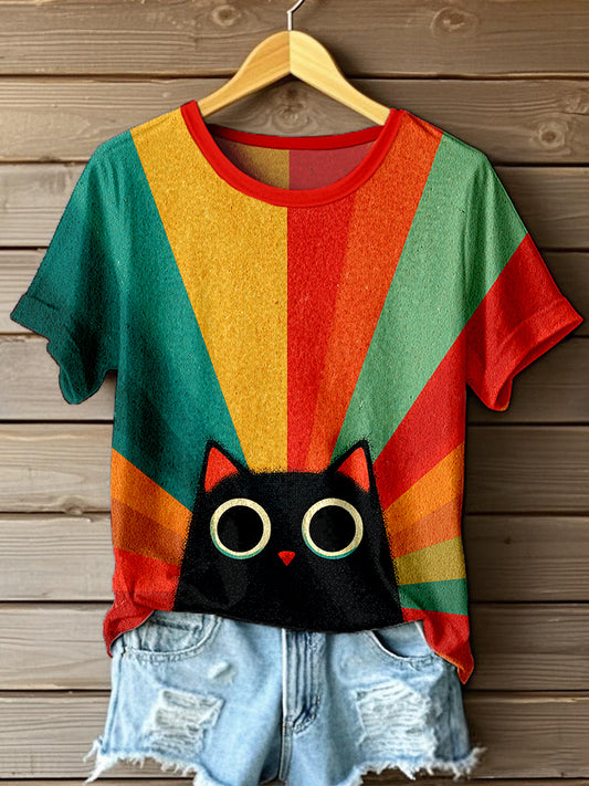 Women's Cat Colorful Striped Print Vintage T-shirt