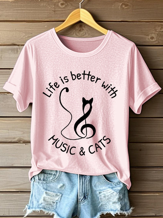 Women's Life Is Better With Music & Cats Print T-Shirt