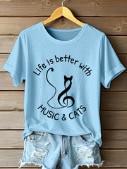 Women's Life Is Better With Music & Cats Print T-Shirt