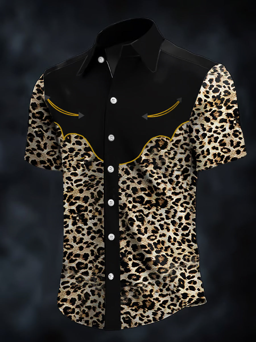 Men's Retro Western Leopard Print Casual  Short Sleeve Shirt