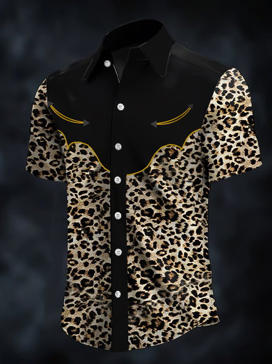 Men's Retro Western Leopard Print Casual  Short Sleeve Shirt