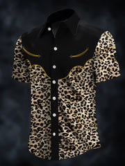 Men's Retro Western Leopard Print Casual  Short Sleeve Shirt