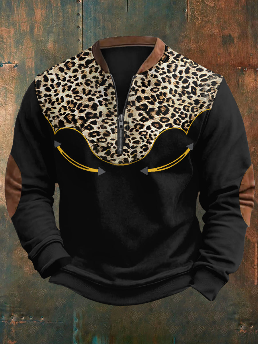 Men's Retro Western Leopard Print Casual Zipper Sweatshirt