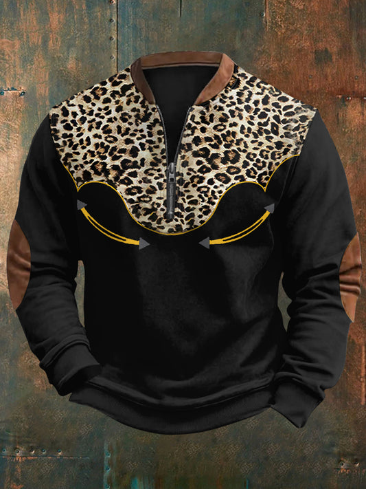 Men's Retro Western Leopard Print Casual Zipper Sweatshirt