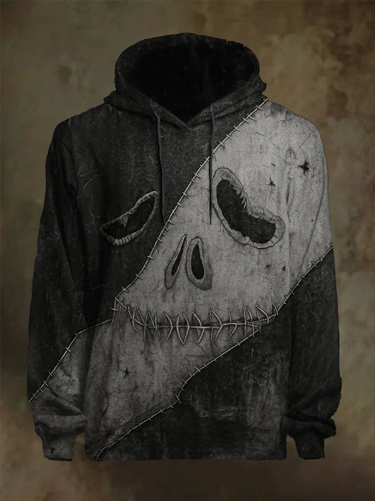 Men's Halloween Horror Face Stitching Print Casual Hoodie