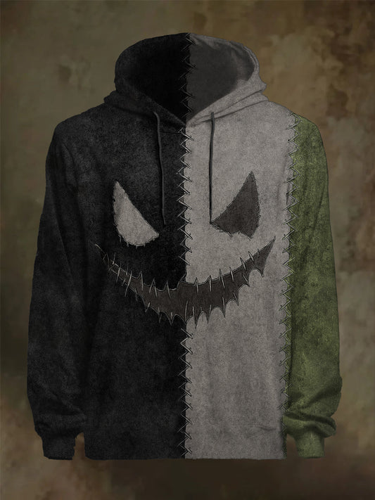 Men's Halloween Horror Face Stitching Print Casual Hoodie