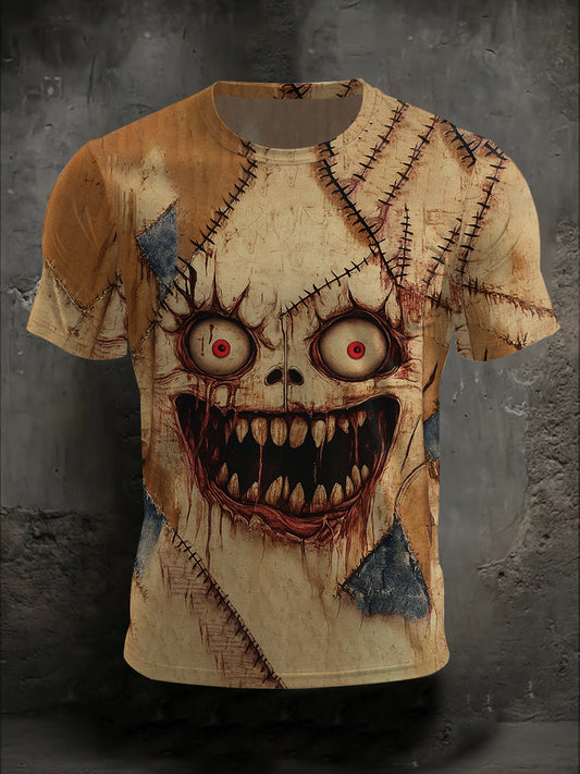 Men's Halloween Horror Bloody Face Stitching Print Casual Tee