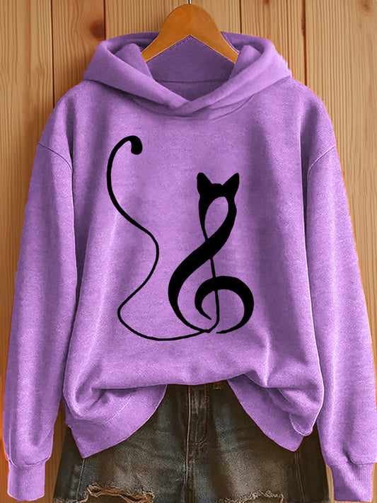 Women's Music Note Inspired Cat Print Hoodie