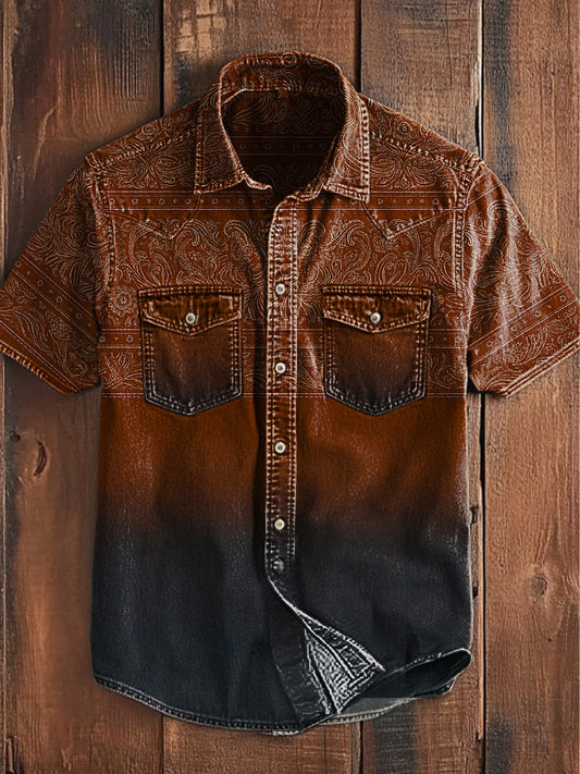 Men's Retro Western Print Casual Short Sleeve Shirt