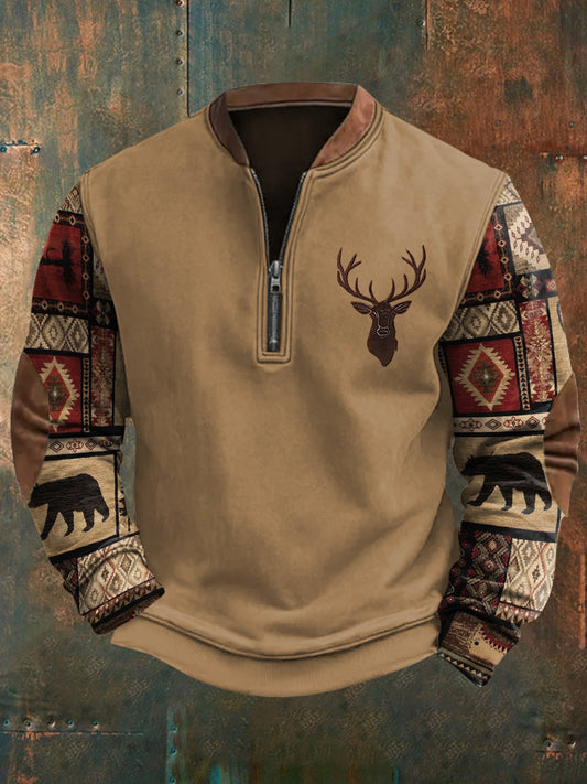 Men's Retro Western Print Casual Zip-Up Sweatshirt