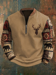 Men's Retro Western Print Casual Zip-Up Sweatshirt