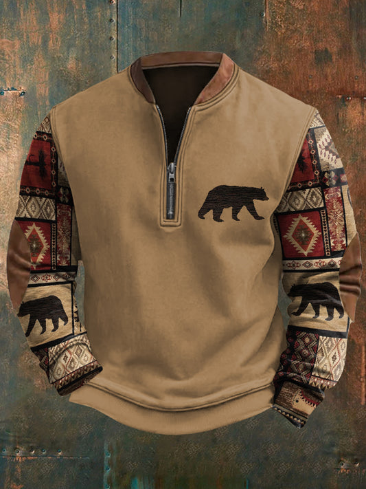 Men's Retro Western Bear Print Casual Zip-Up Sweatshirt
