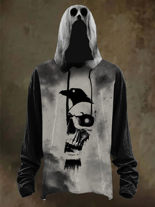 Men's Halloween Raven Skull Print Hooded Sweatshirt