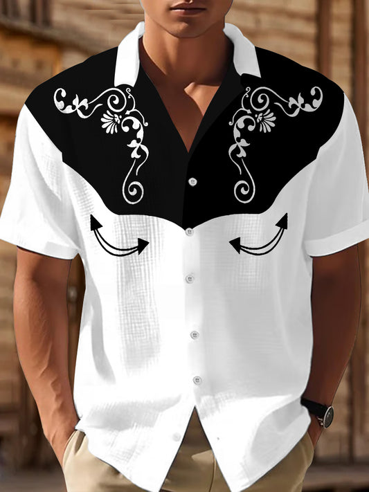 Men's Western Floral Print Casual Short Sleeve Waffle Shirt