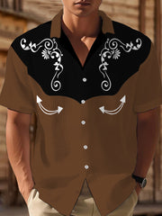 Men's Western Floral Print Casual Short Sleeve Waffle Shirt