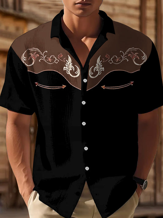 Men's Western Floral Print Casual Short Sleeve Waffle Shirt
