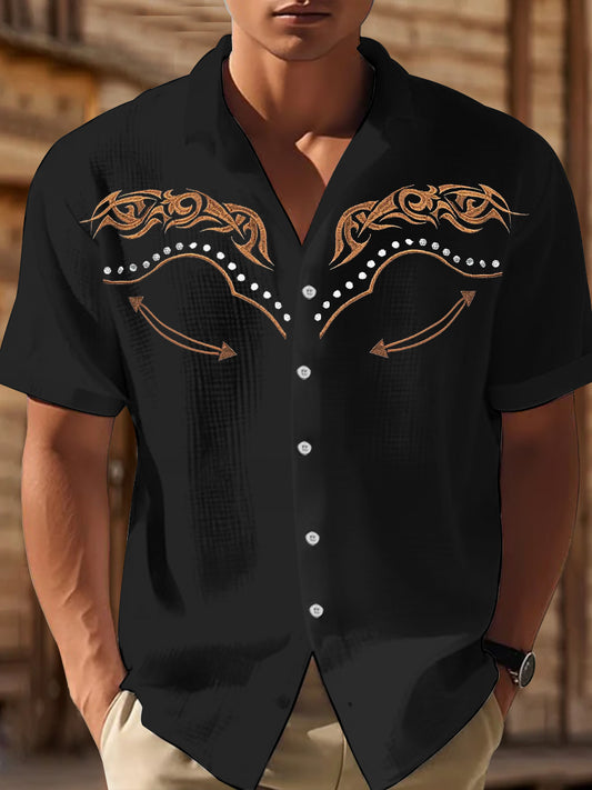 Men's Western Floral Print Casual Short Sleeve Waffle Shirt