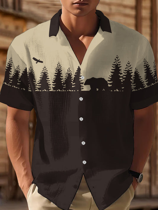 Men's Western Bear Silhouette Print Casual Short Sleeve Waffle Shirt