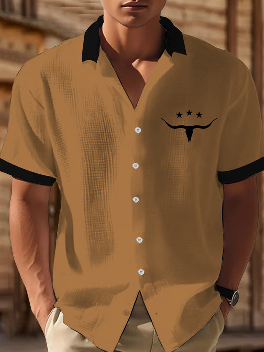 Men's Western Bull Skull Print Casual Short Sleeve Waffle Shirt