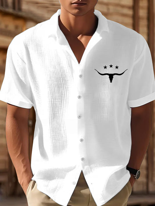 Men's Western Bull Skull Print Casual Short Sleeve Waffle Shirt