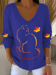 Women's It’s Fall Y’all Cute Cat Printed V-Neck  Casual Long Sleeve Shirt