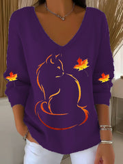 Women's It’s Fall Y’all Cute Cat Printed V-Neck  Casual Long Sleeve Shirt
