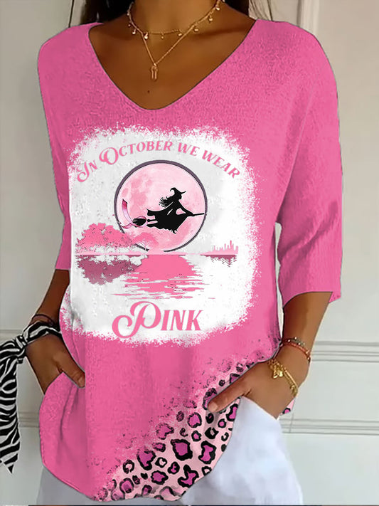 Women's In October We Wear Pink Breast Cancer Awareness Witch Half-Sleeve T-Shirt