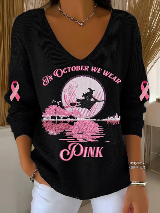 Women’s In October We Wear Pink Breast Cancer Awareness V-Neck Ribbed Top