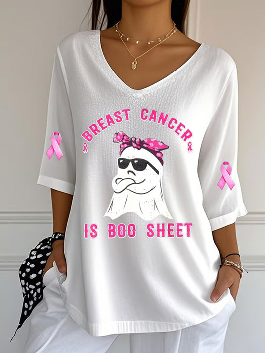Women's Breast Cancer Pink Ribbon Ghost Print  V-Neck Half-Sleeve T-Shirt
