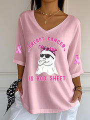 Women's Breast Cancer Pink Ribbon Ghost Print  V-Neck Half-Sleeve T-Shirt